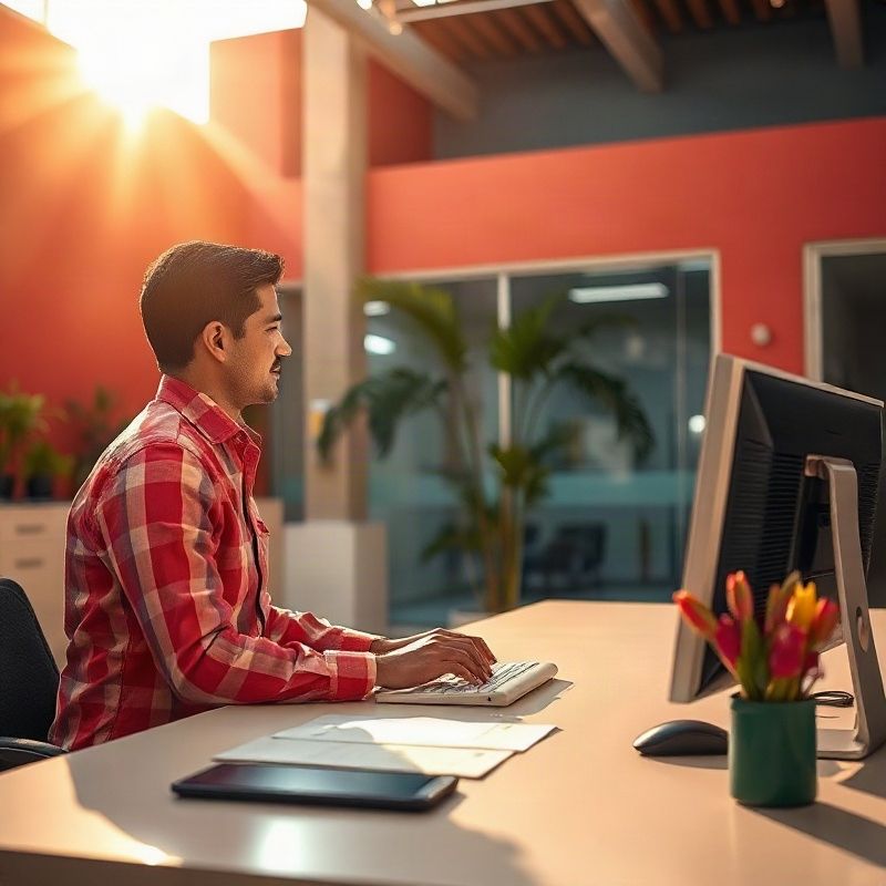 Integrante da equipe respondendo uma consulta no computador da recepção